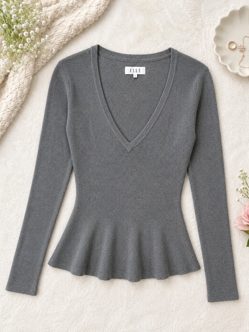 ELLE Gray Peplum Sweater Large V-Neck Ribbed